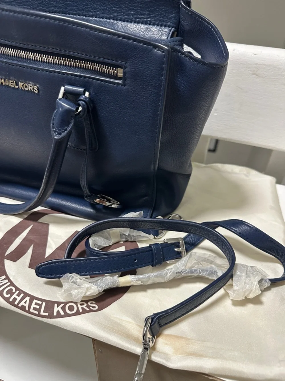 Michael Kors Navy Leather Tote with MK Charm